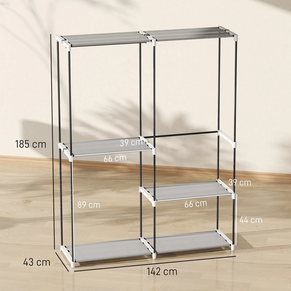 Guarda Roupa Aberto 142x43x185 cm Armário para Roupas com 4 Prateleiras de Tecido 3 Barras para Pendurar Cinzento