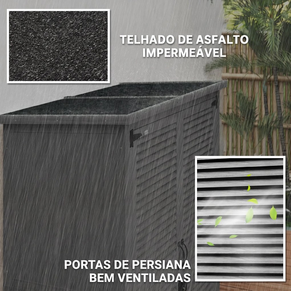 Armário de Jardim 0,83 m² 127x65x168 cm com 2 Portas de Persiana 2 Estantes e Telhado Impermeável Cinza