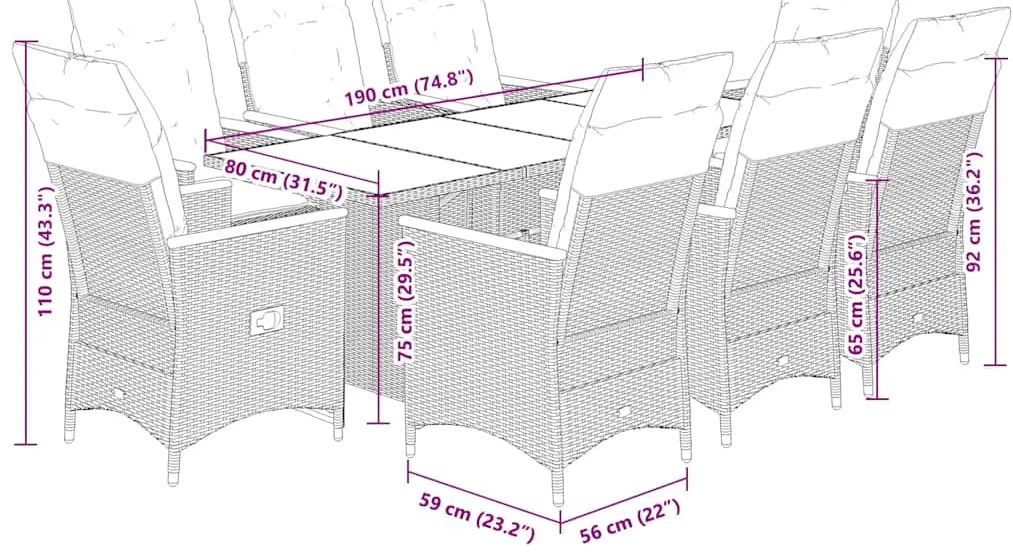 9 pcs conjunto de jantar p/ jardim c/ almofadões vime PE preto