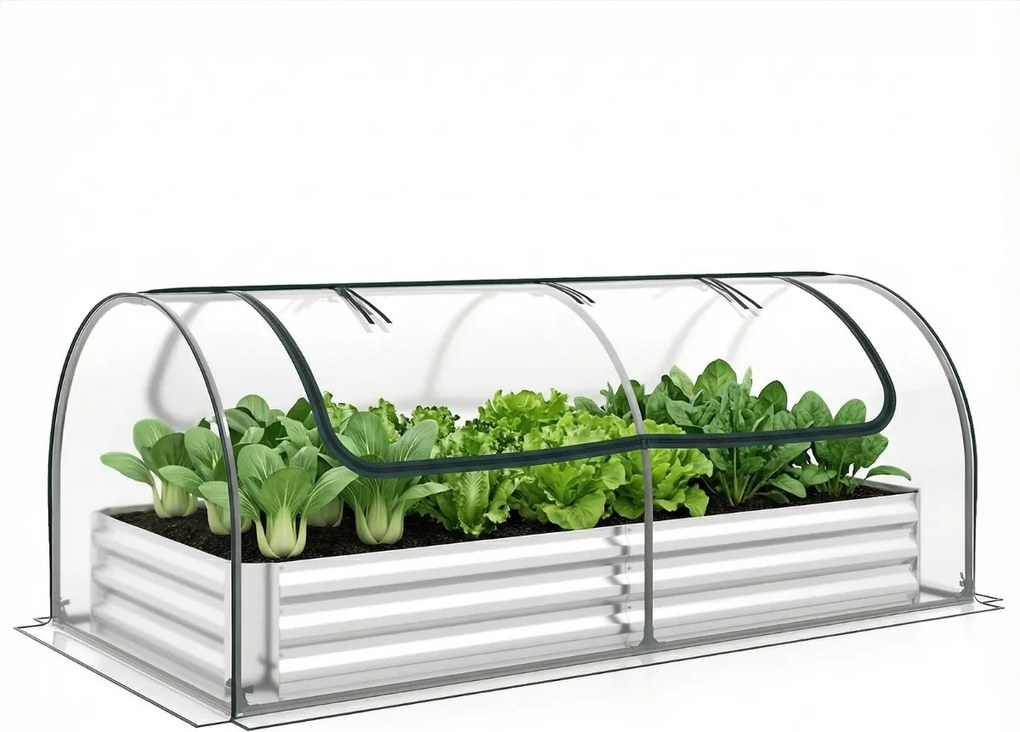 Mini estufa elevada galvanizada para jardim 202 x 101 x 81 cm com cobertura tipo mini-estufa e 2 portas enroláveis para ervas, vegetais e frutas Trans