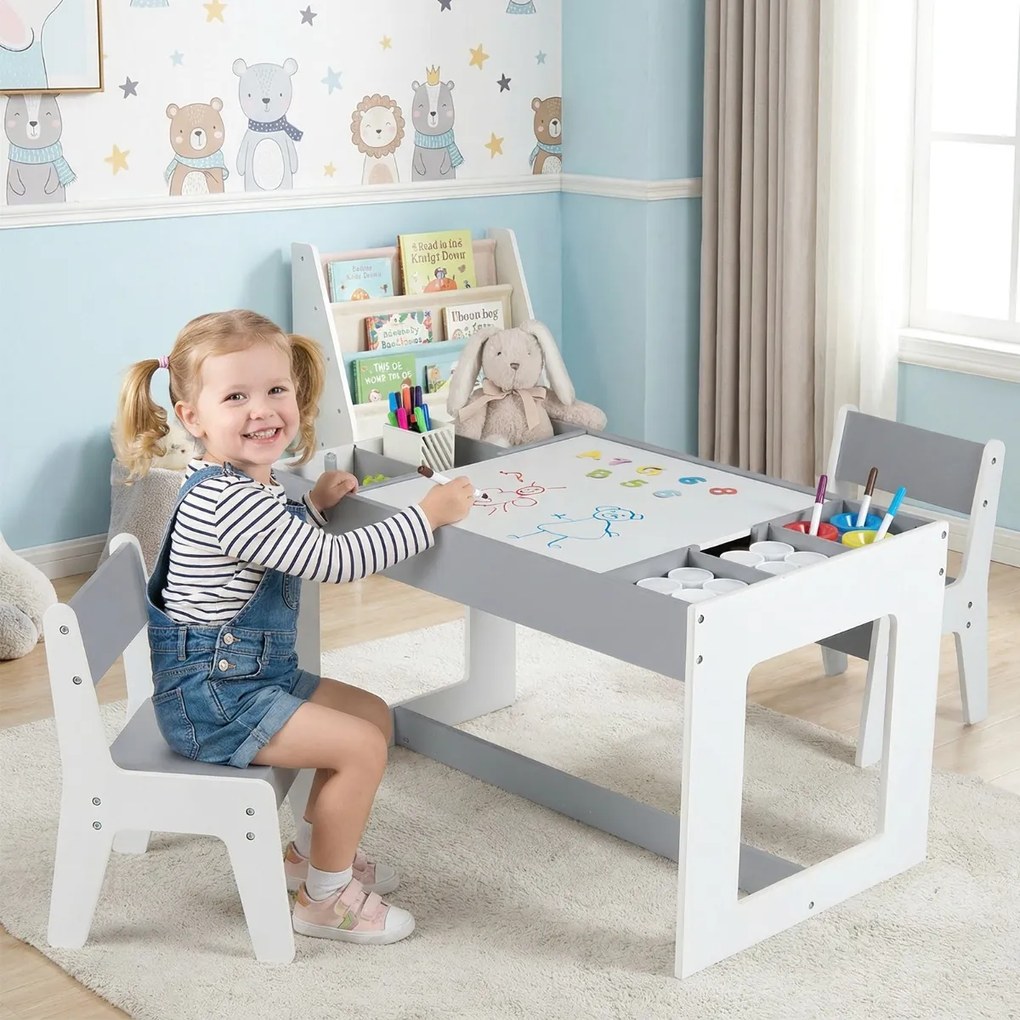 Conjunto Mesa multifuncional infantil com 2 cadeiras e tampo duplo com quadro negro e compartimentos removíveis cinza e branco