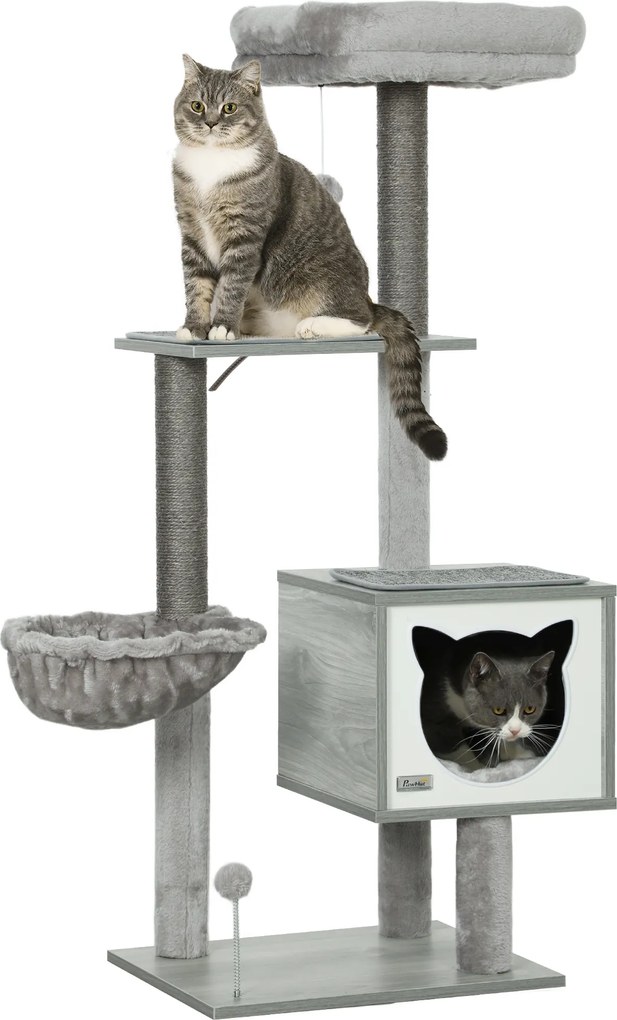 Arranhador para gatos com arranhadores, vários acessórios, casinha, rede, peluche, sisal natural curto, 48x40x126 cm, cinzento