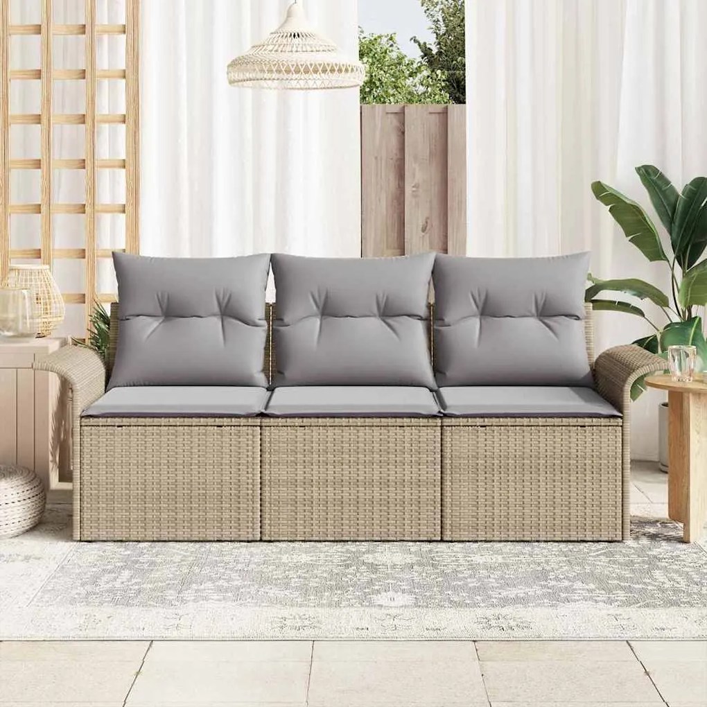 Conjunto de Sofá de Jardim de 3 Peças com Almofadas em Vime Bege