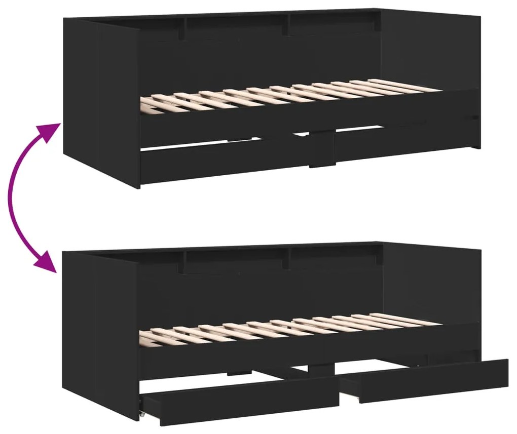 Sofá-cama com gavetas sem colchão 90x190 cm preto