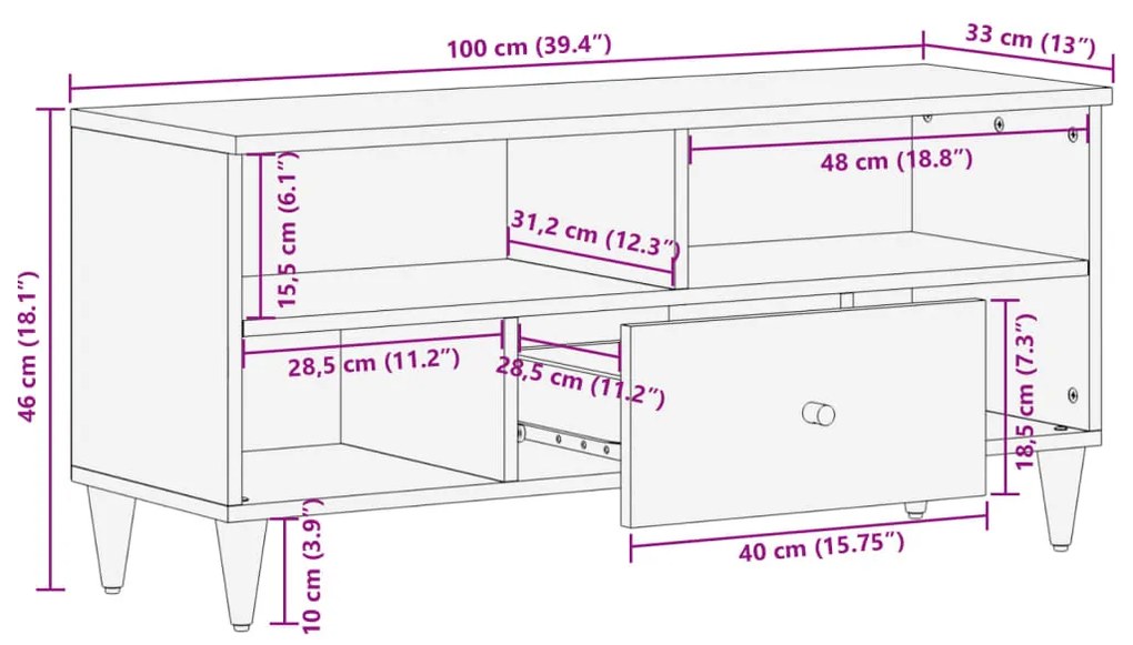 Móvel de TV 100x33x46 cm madeira de mangueira maciça