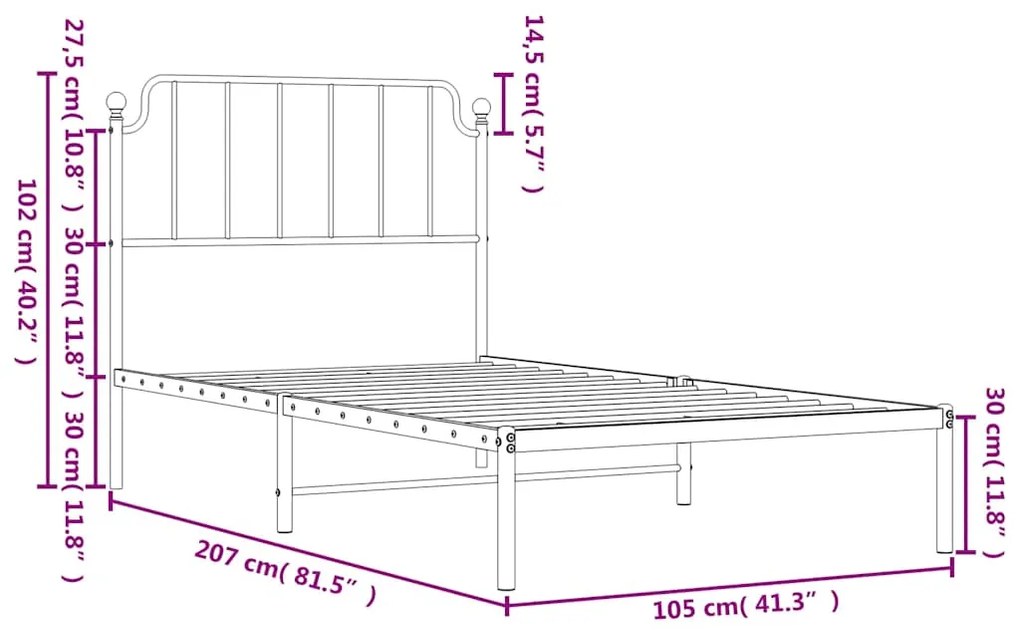 Estrutura de cama com cabeceira 100x200 cm metal preto