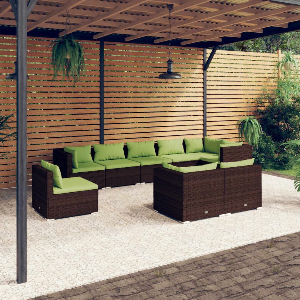 vidaXL 9 pcs conjunto lounge de jardim c/ almofadões vime PE castanho