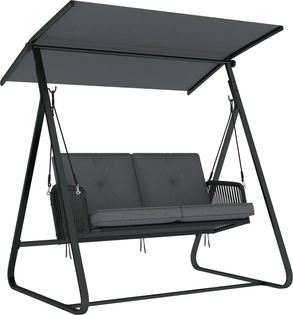 Outsunny Balanço estilo Hollywood em rattan 2 lugares, balanço de jardim com toldo solar ajustável, almofada macia, estrutura em A | Aosom Portugal