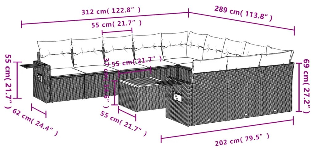 12 pcs conjunto de sofás jardim c/ almofadões vime PE cinzento
