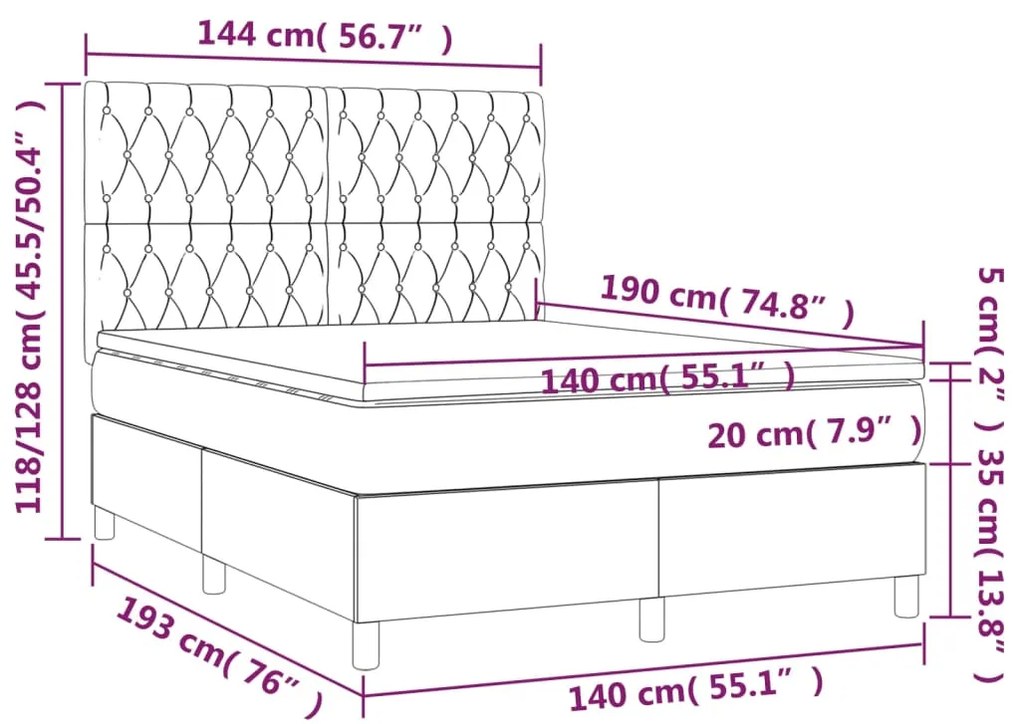 Cama box spring c/ colchão/LED 140x190 cm veludo azul-escuro