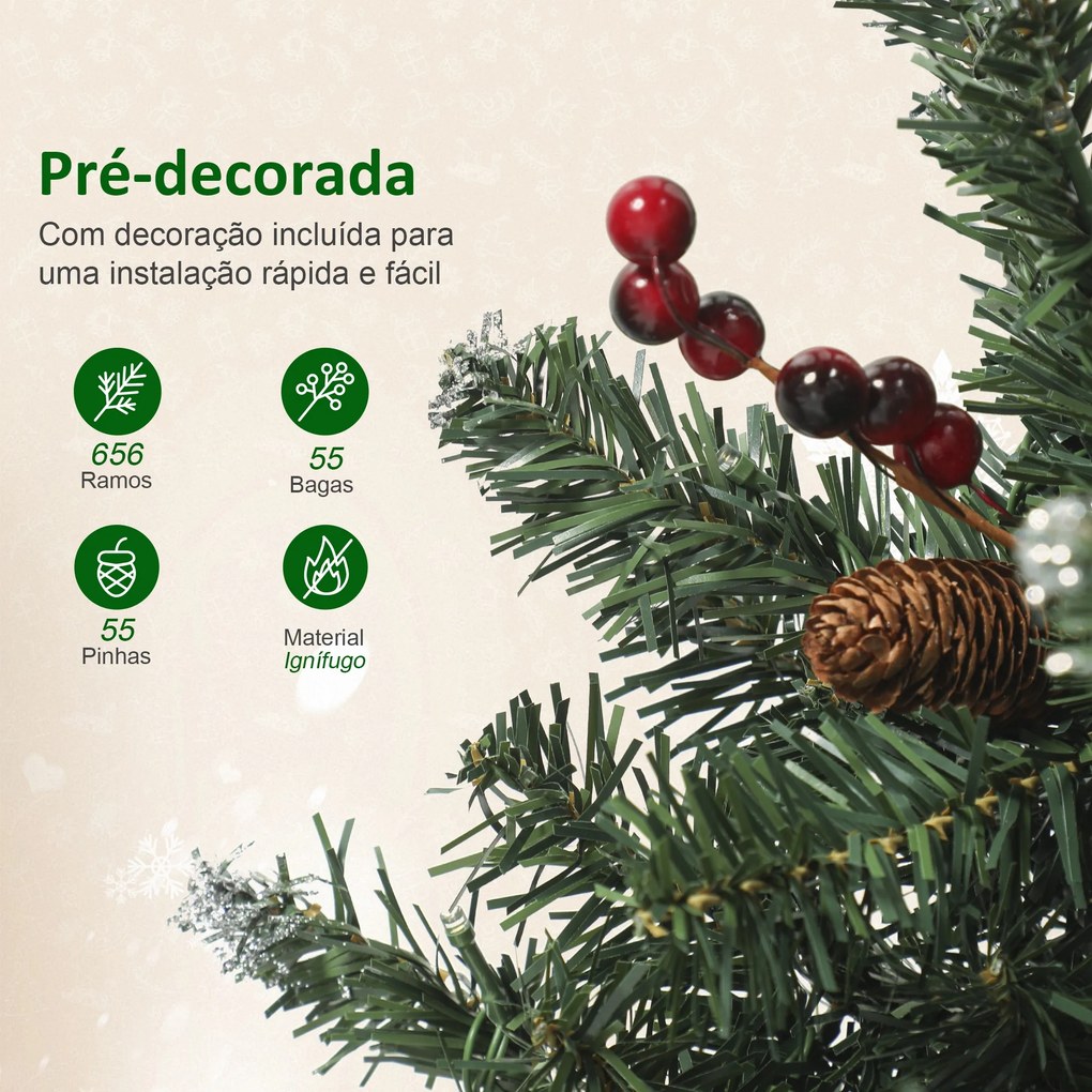 Árvore de Natal Slim 210 cm com Luzes LED 8 Modos de Iluminação 656 Ramos com Purpurina Prateada Pinhas e Bagas Verde