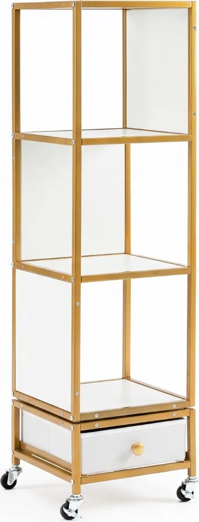 Estante giratória de 4 prateleiras 30 x 30 x 111 cm com rodas de 360°, gaveta estreita removível em tecido e madeira para sala de estar, quarto ou esc