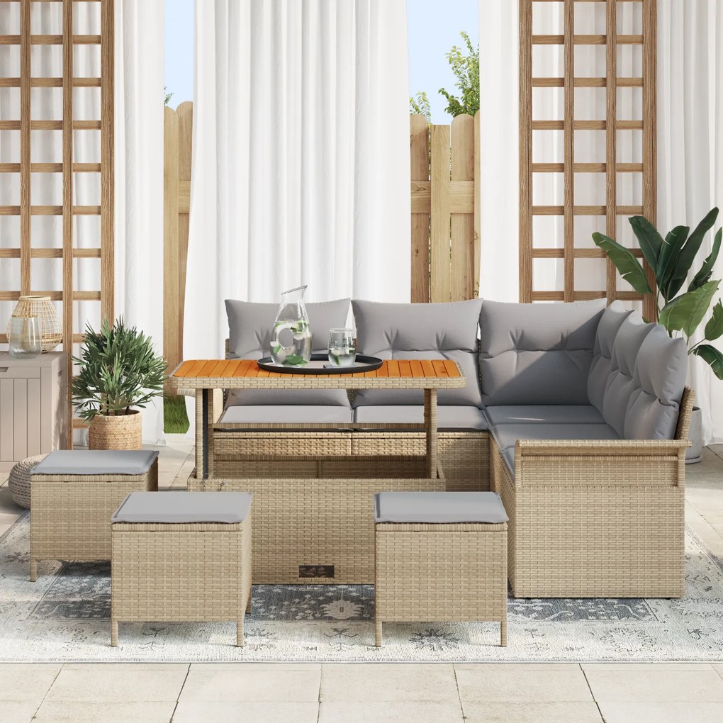 Conjunto de Sofá de Jardim vidaXL de 9 peças com Almofadas Bege Rattan