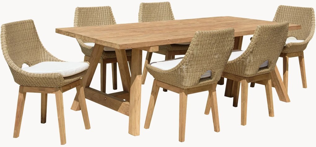 Conjunto de jantar para jardim em madeira de teca Kally, conjunto de 7
