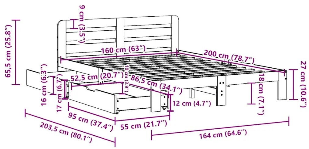 Cama sem colchão 160x200 cm madeira pinho maciço castanho-mel