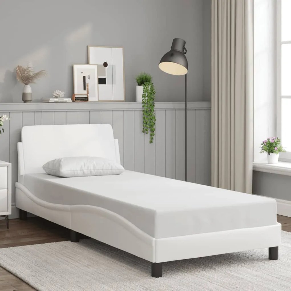 Estrutura de cama c/ cabeceira couro artificial 90x190cm branco