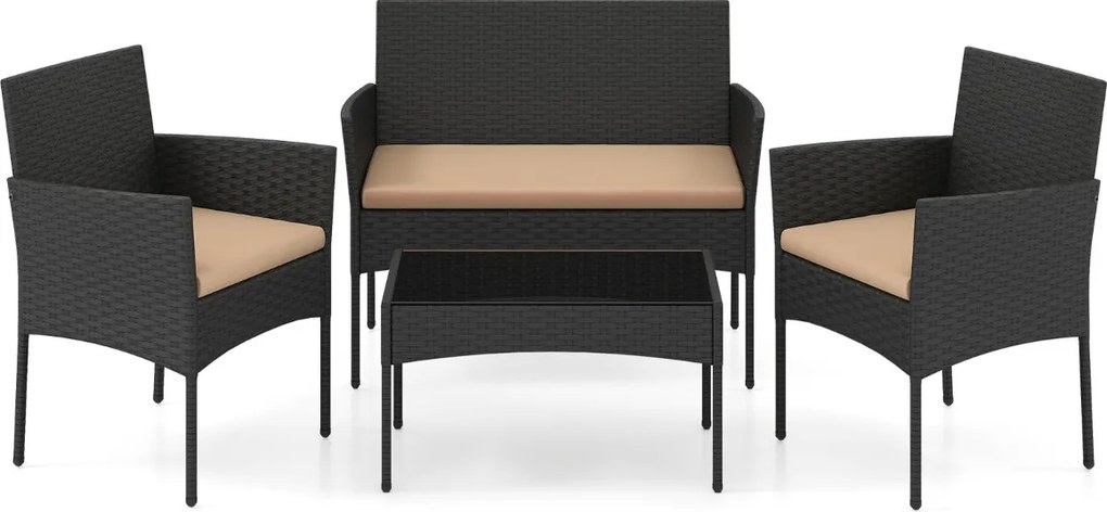 Conjunto de jardim em rattan de 4 peças, com 2 poltronas, sofá de 2 lugares, mesa auxiliar e almofadas de espuma, para alpendre, pátio ou terraço, Pre