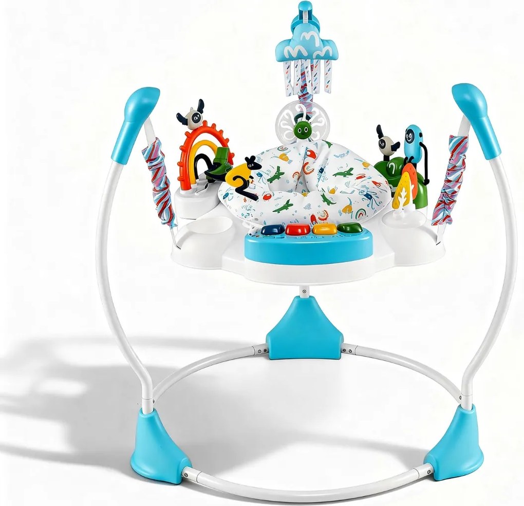 Centro de atividades para bebés com saltador, 6 brinquedos, luzes, música, 3 alturas ajustáveis, mesa giratória 360° para 6+ meses, Azul