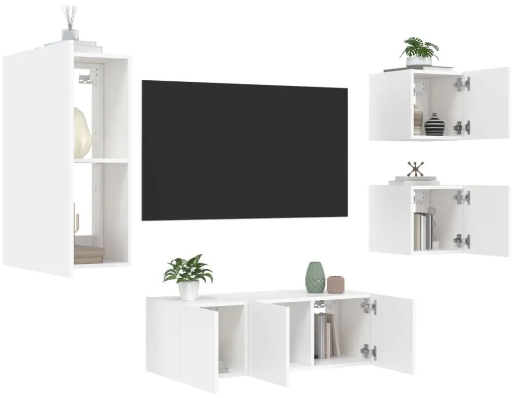 5pcs móveis de parede p/ TV c/ LEDs derivados de madeira branco