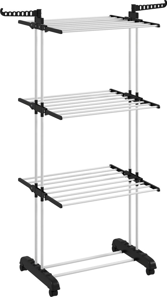 HOMCOM Estendal Dobrável para Roupa com Rodas Estendal Vertical de Aço com 3 Níveis Laterais Dobráveis 73x64x177cm Preto e Branco | Aosom Portugal