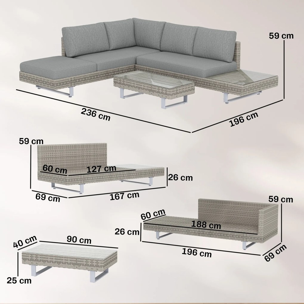 Conjunto de Jardim em Vime de 3 Peças com Sofás Modulares de 3 e 2 Lugares Mesa Lateral e Mesa de Centro Cinzento
