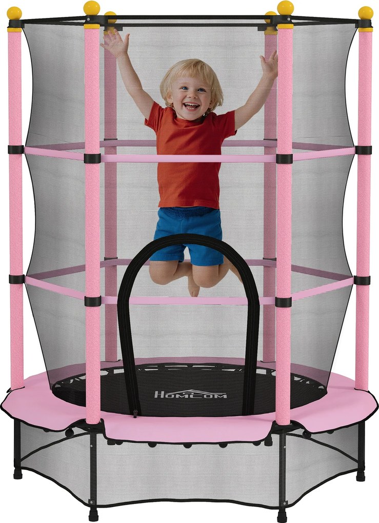 Trampoline Enfant Ø 1,40 × 1,90H m Filet de sécurité Porte zipée Couvre-Ressorts 6 poteaux rembourrés Inclus Rose FR