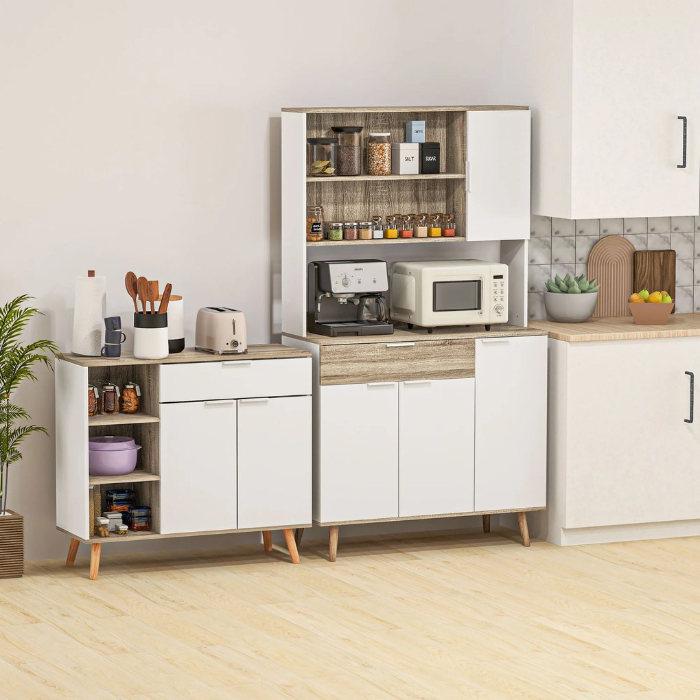 Armário de cozinha com 4 portas e 1 gaveta, estilo escandinavo, 98 x 39 x 180 cm, branco e natural 4,8