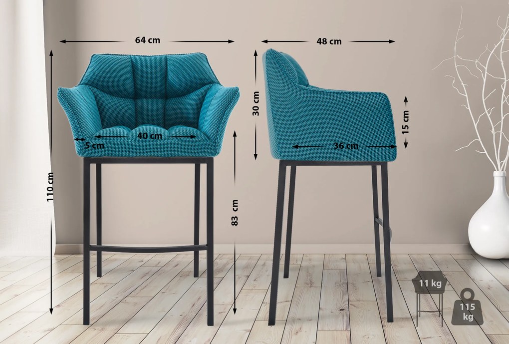 Banco de bar Damaso em tecido e com estrutura preta 64 x 110 x 48 cm Azul turquesa