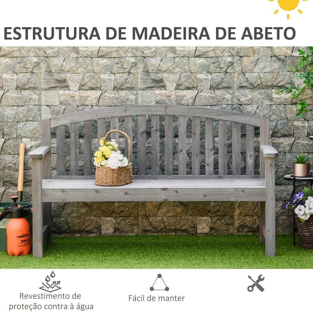 Outsunny Banco de Jardim de 3 Lugares Banco de Ripas de Madeira com Encosto Apoio para os Braços Terraço Varanda Exterior Carga 320kg 140x50x85cm Cinza