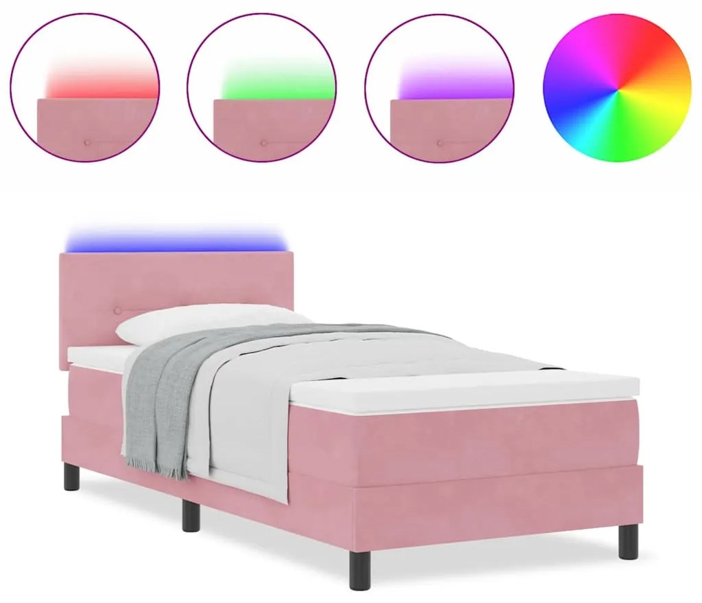 Cama Box Spring com Colchão e LED Rosa 80x200 cm Veludo