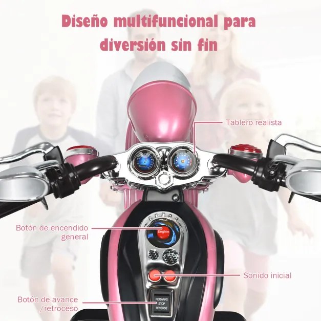 Motocicleta estilo chopper para crianças,  movida a bateria 6v com música Rosa