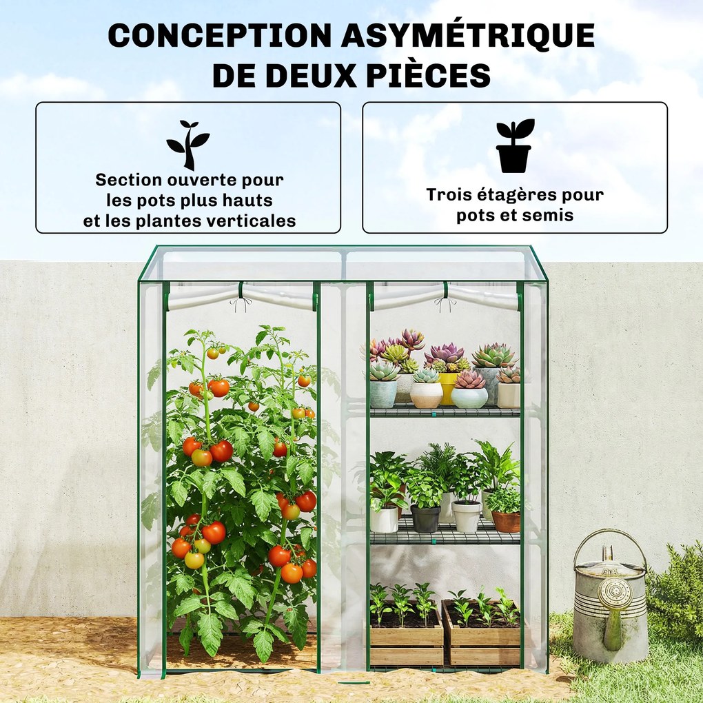 Estufa de jardim com prateleiras de 3 níveis 143 L x 45 P x 151 A cm, pequena estufa em lona de PVC e estrutura de aço, 2 portas de rodas, transparent