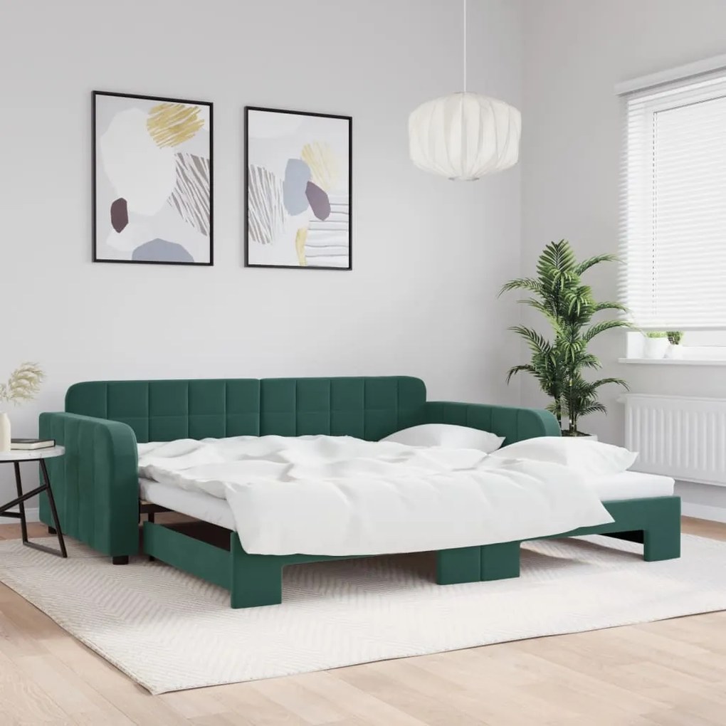 Sofá-cama com gavetão 100x200 cm veludo verde-escuro