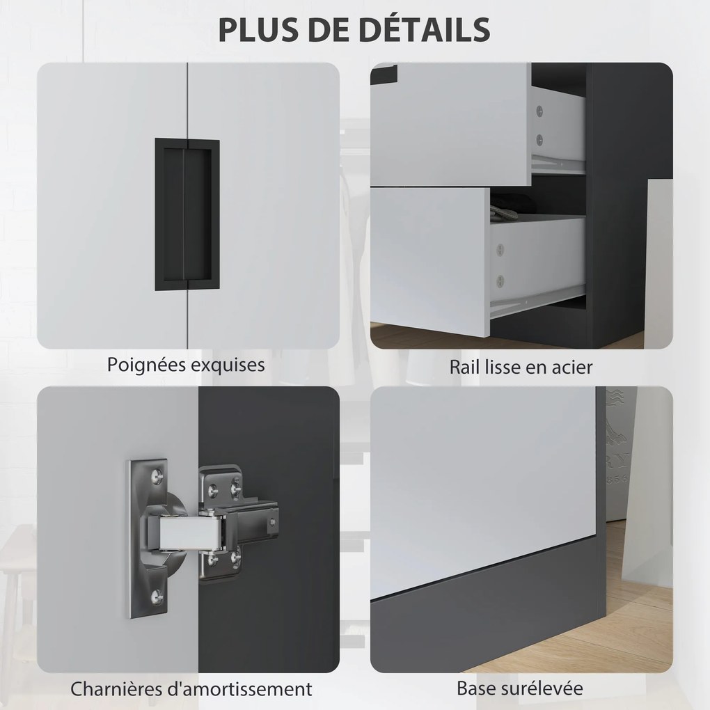 Guarda roupa de quarto 80 x 50 x 180 cm com 2 portas com fecho suave, 3 gavetas e barra para pendurar roupa, , cinzento e branco