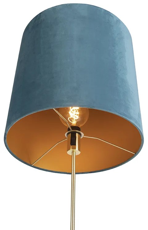 Candeeiro de pé dourado/latão com abajur azul em veludo 40/40 cm - Parte Clássico / Antigo
