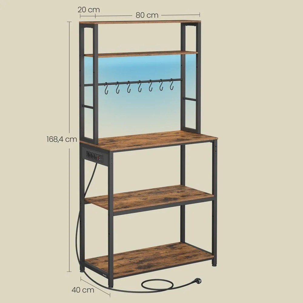 Armário de cozinha com iluminação LED 40 x 80 x 168,4 cm, com tomadas e prateleiras ajustáveis castanho-preto