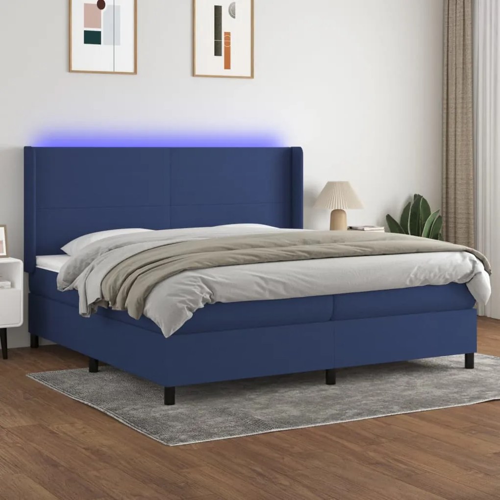 vidaXL Cama box spring c/ colchão e LED 200x200 cm tecido azul