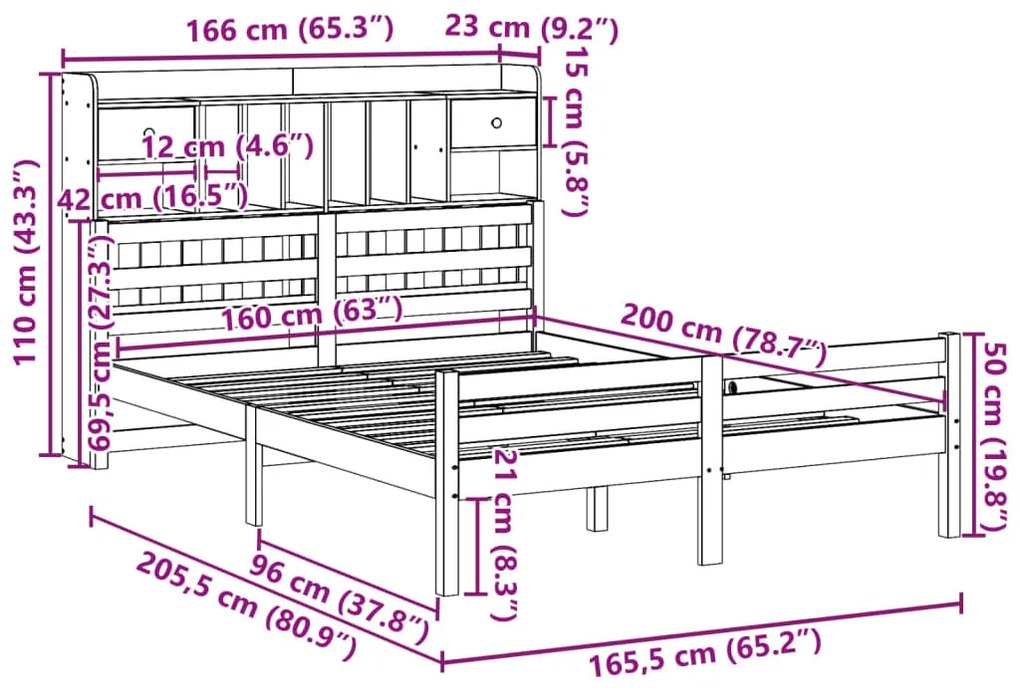 Cama com estante sem colchão 160x200 cm pinho maciço branco