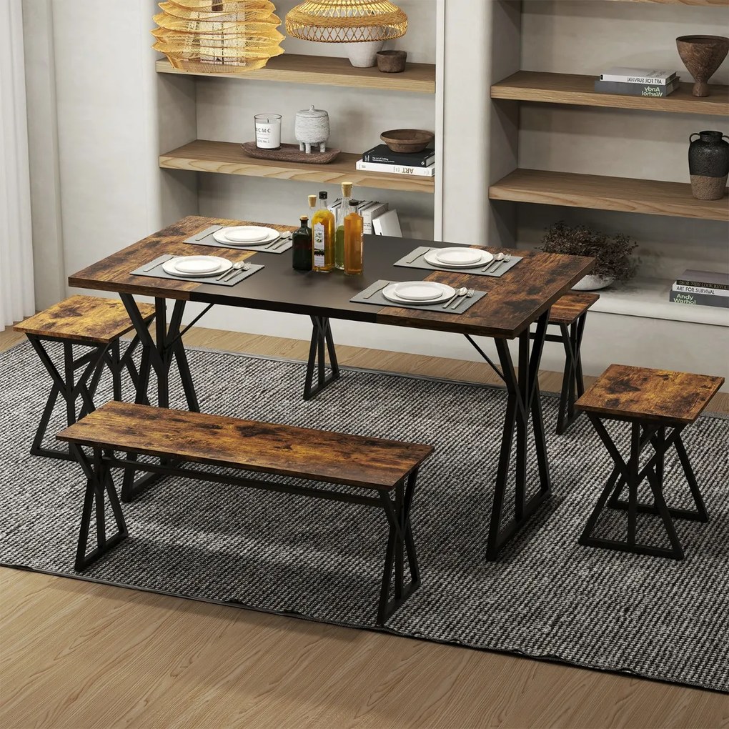 Conjunto de sala de jantar de 5 peças para 4-6 pessoas Mesa de cozinha retangular industrial com 2 bancos e 2 bancos altos castanho