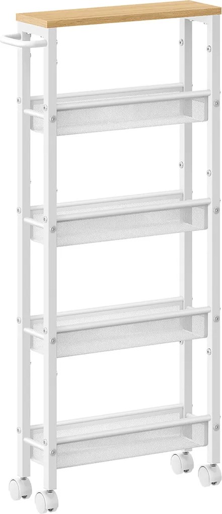 Carrinho de cozinha ou casa de banho estreito com 5 níveis sobre Rodas 13 x 45,4 x 99,6 cm carvalho e branco