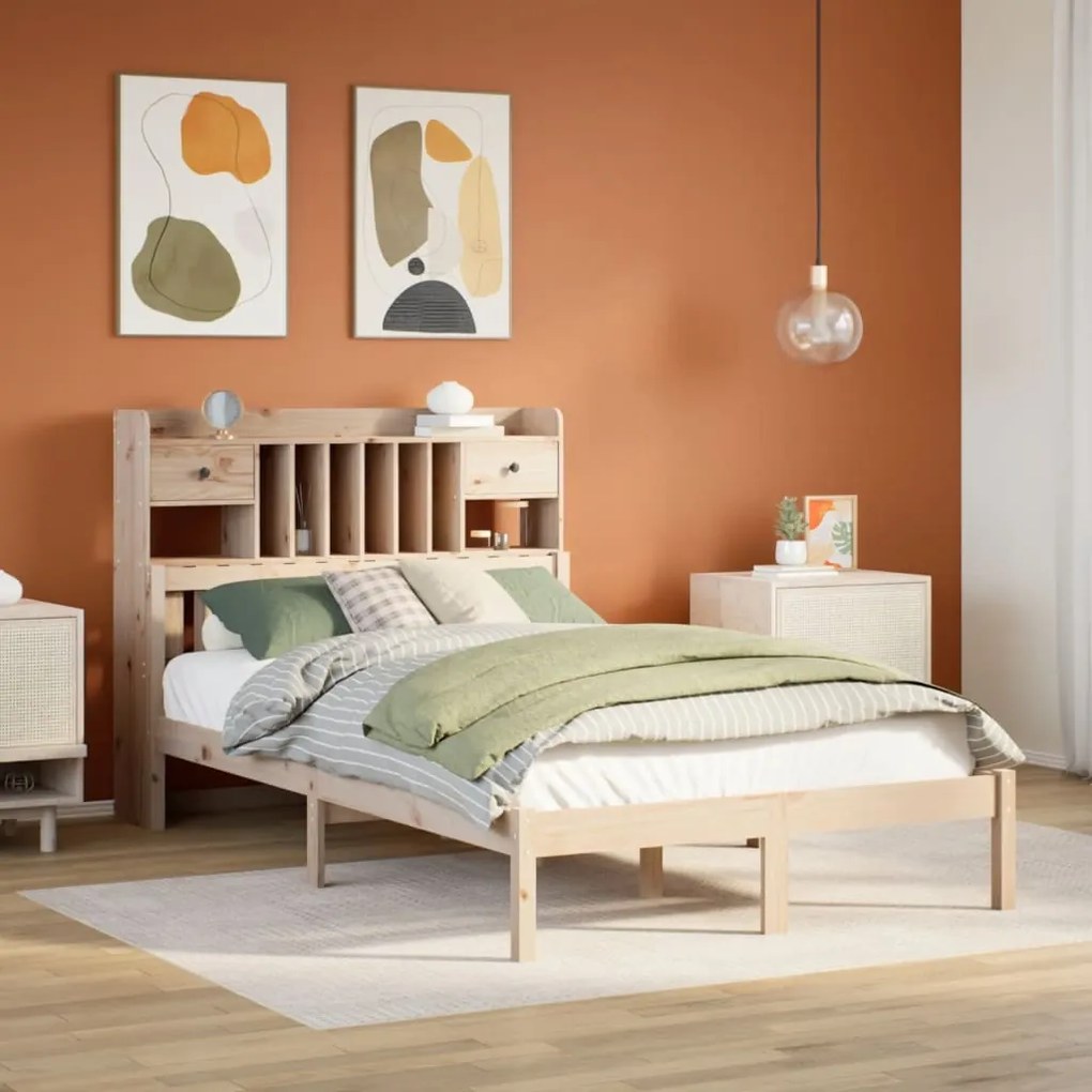 vidaXL Cama com estante sem colchão 135x190 cm pinho maciço