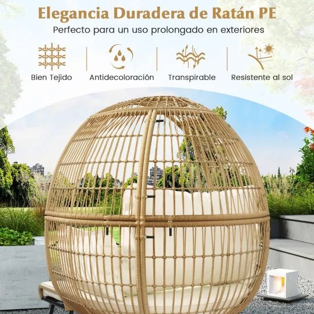 Cadeira Ovo Jardim com Pufe Conjunto de 2 peças de vime com almofadas macias e apoio para os pés Castanho claro