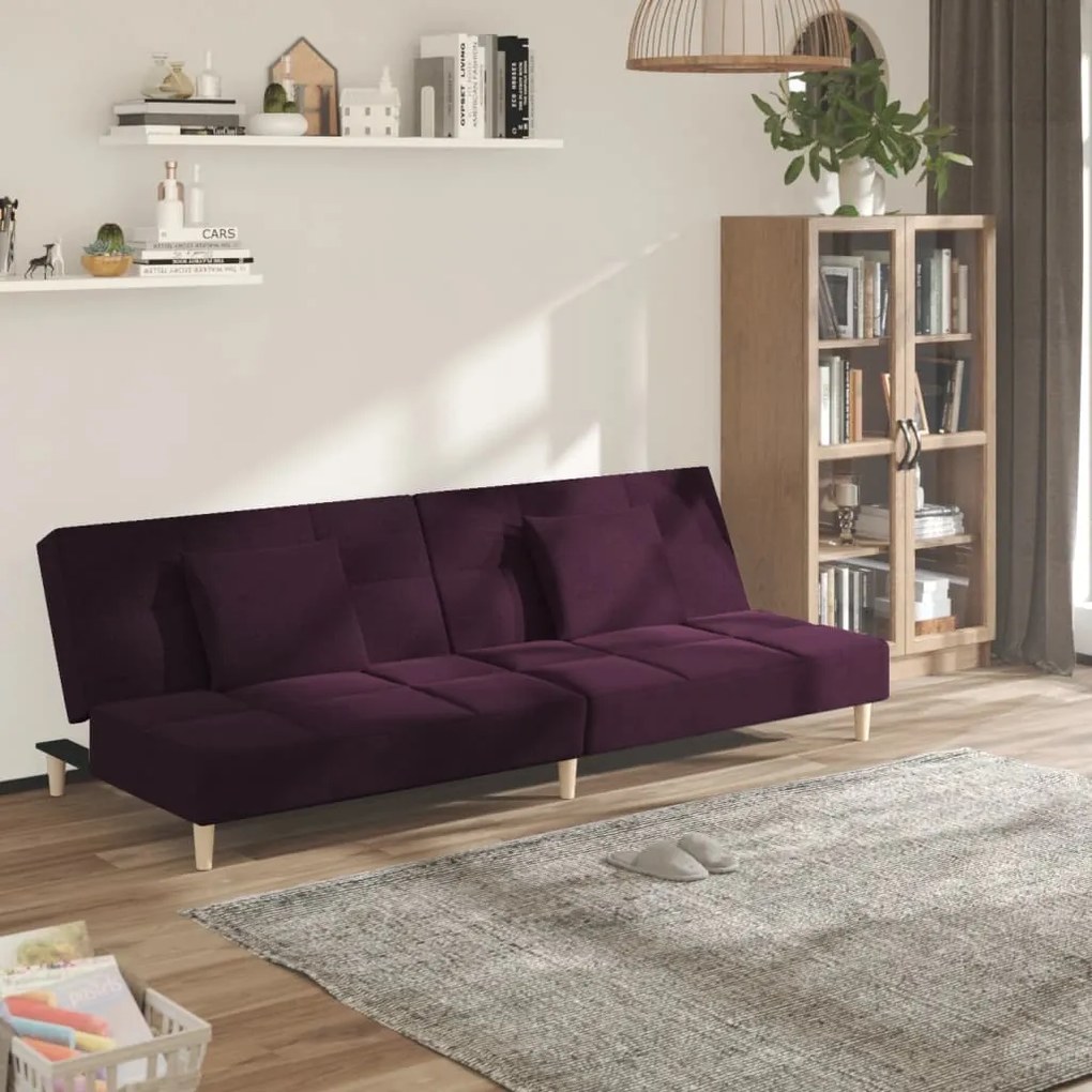 337426 vidaXL Sofá-cama 2 lugares com duas almofadas tecido roxo