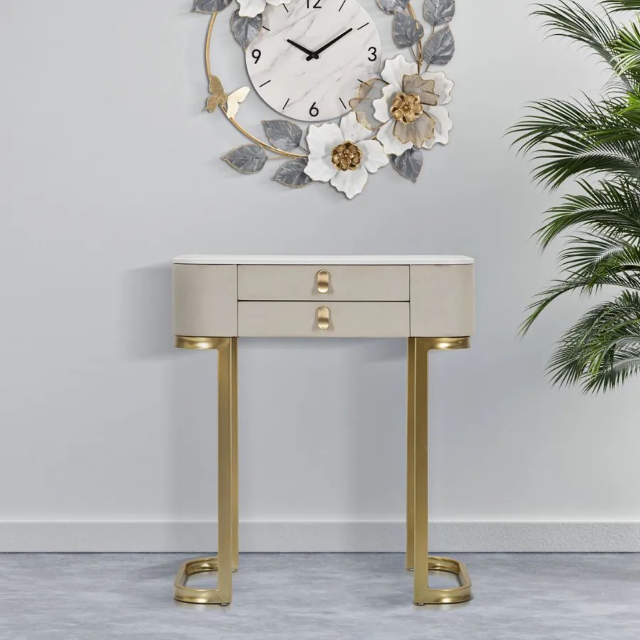 MESA CONSOLA COM 2 GAVETAS BEAUTY 70X40X80 CM CREME E DOURADO