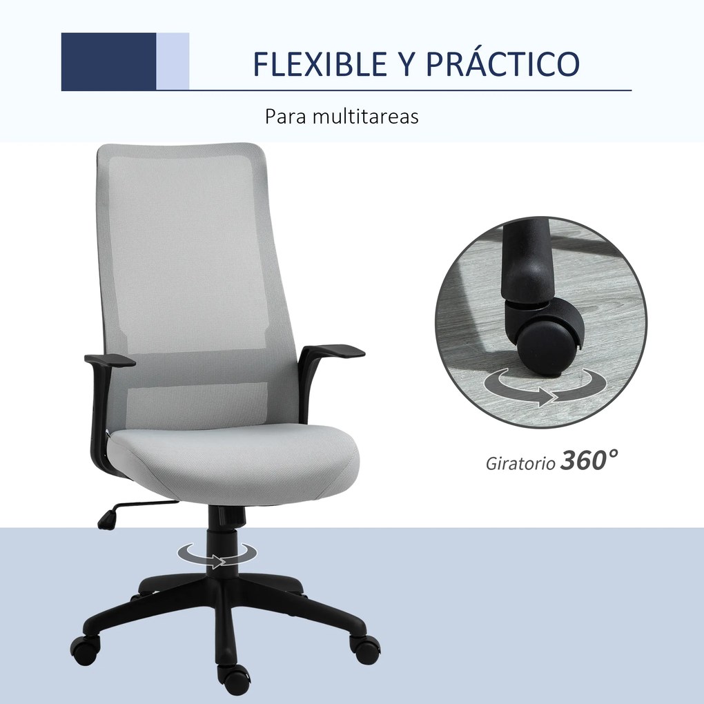 Vinsetto Cadeira de Escritório Ergonômica Cadeira de Escritório Giratória com Altura Ajustável Apoio para os Braços e Suporte Lombar Alto Transpirável 62x62x113-122cm Cinza