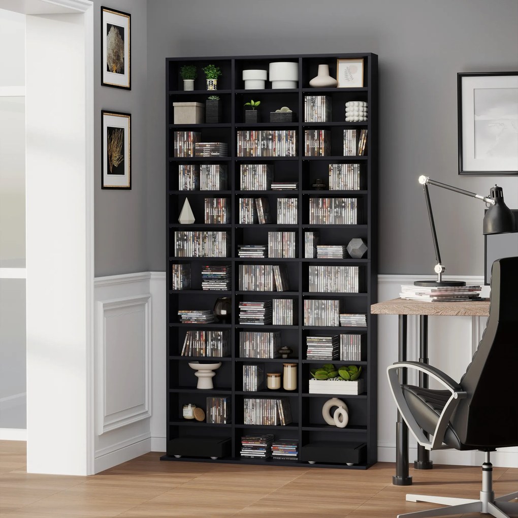 Estante de arrumação, capacidade máxima de 1116 CDs/528 DVDs, 36 compartimentos e prateleiras ajustáveis 102 x 23,5 x 195 cm, preto