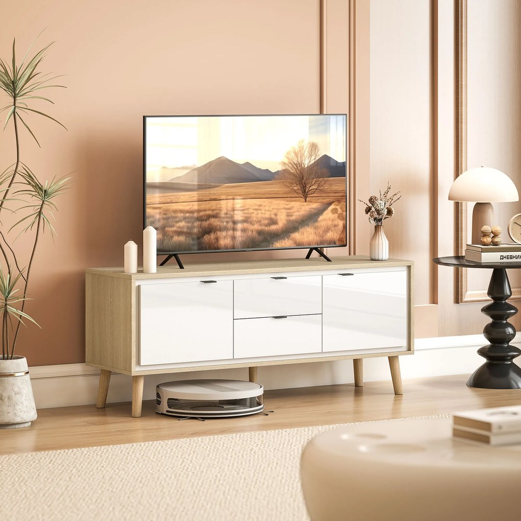 Móvel para televisão, adequado para ecrãs até 55 polegadas, 2 portas de alto brilho, 2 gavetas silenciosas, 120 x 35 x 50 cm, branco