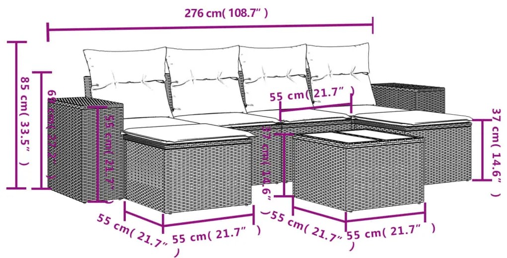 7 pcs conjunto de sofás jardim c/ almofadões vime PE castanho