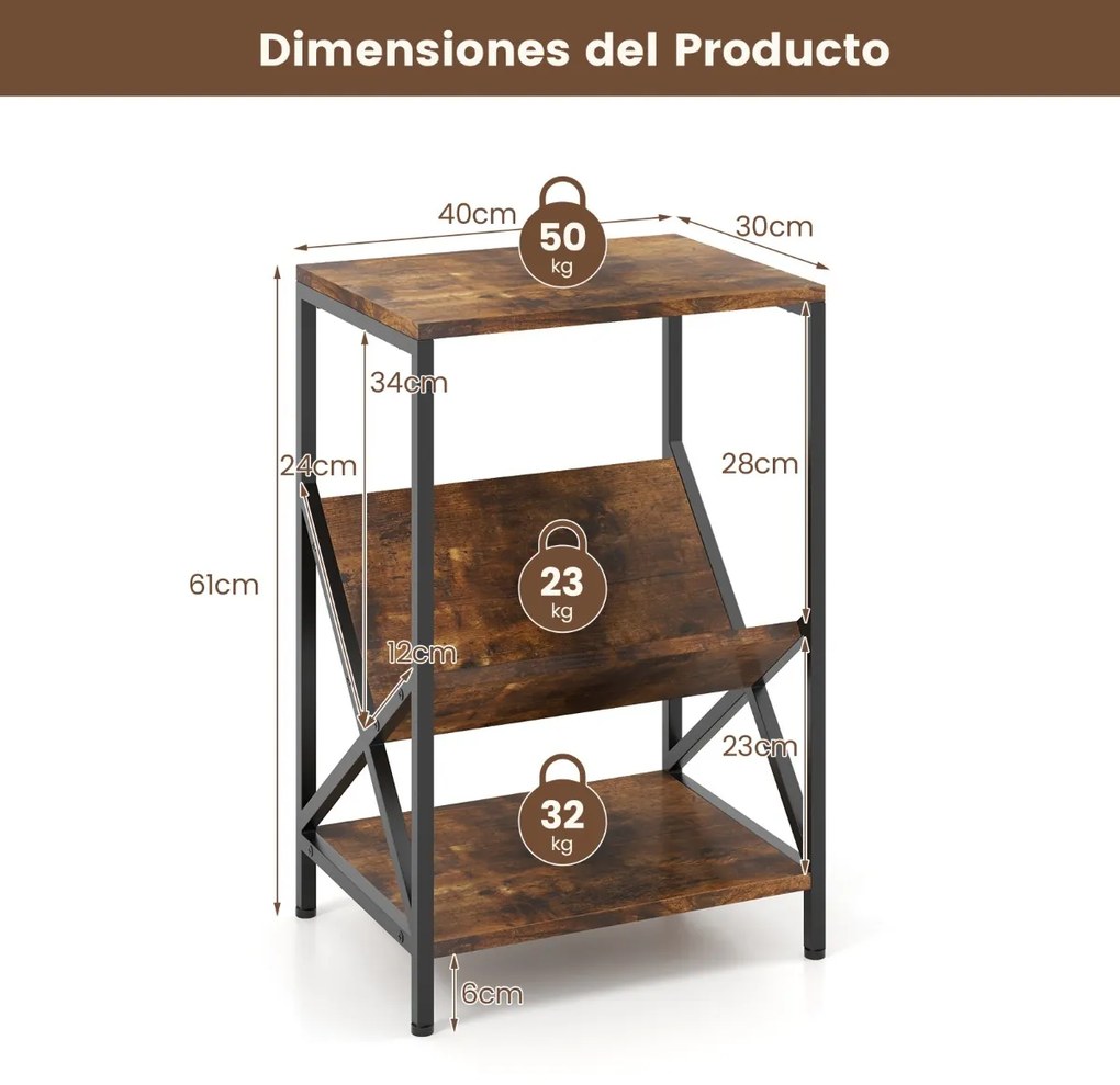 Estante de 3 níveis para gira-discos com porta-revistas em forma de V Estrutura metálica em forma de X Almofadas ajustáveis Castanho rústico