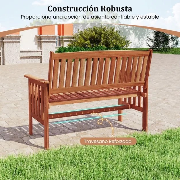 Banco de jardim em madeira para exterior para 2 pessoas, encosto inclinado, braços, assento com ripas, para terraço, pátio ou alpendre, 59,5 x 119 x 8